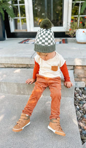 CHECKER POM BEANIE - OLIVE