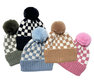 CHECKER POM BEANIE - OLIVE