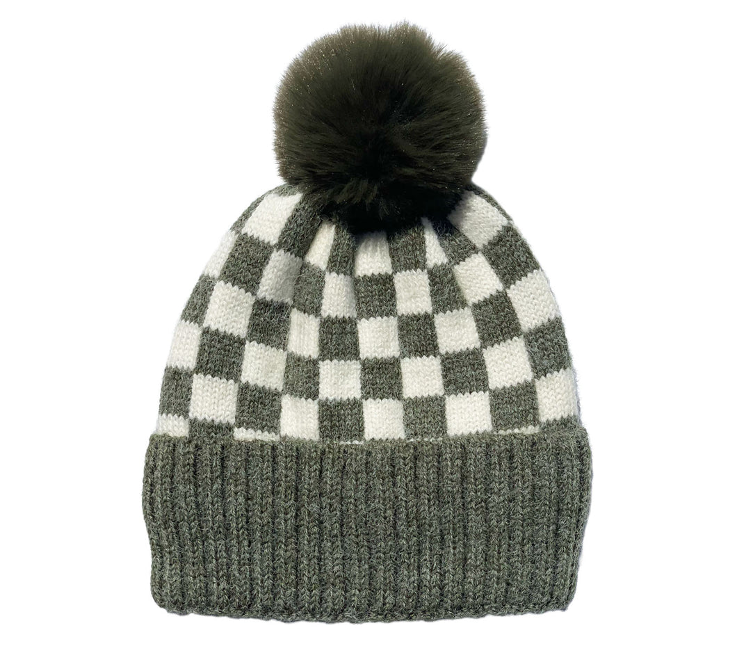 CHECKER POM BEANIE - OLIVE