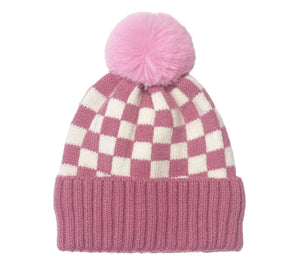 CHECKER POM BEANIE - ROSE